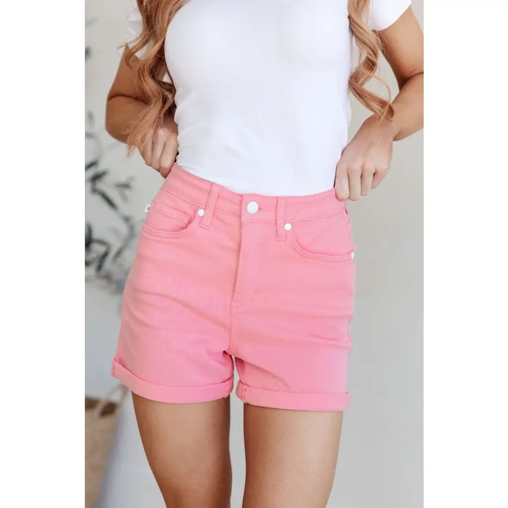 Get ready to rock these Jenna High Rise Control Top Cuffed Shorts in Pink from Judy Blue! Elevate your style
