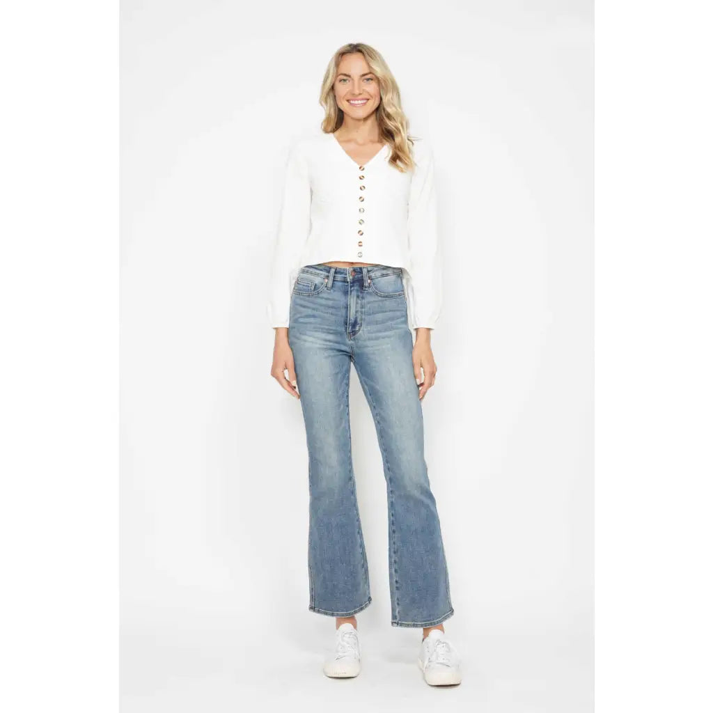 Judy Blue Tummy Control Bootcut Jeans flatter all shapes including curvy and plus sizes with embroidered pockets