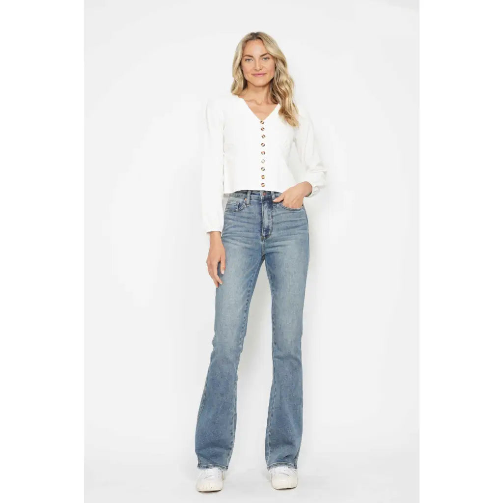 Judy Blue Tummy Control Bootcut Jeans flatter all shapes including curvy and plus sizes with embroidered pockets