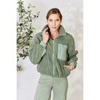 This cozy and chic jacket is a must-have for the colder months featuring soft luxurious sage sherpa fabric