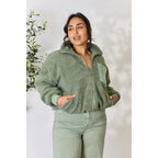This cozy and chic jacket is a must-have for the colder months featuring soft luxurious sage sherpa fabric