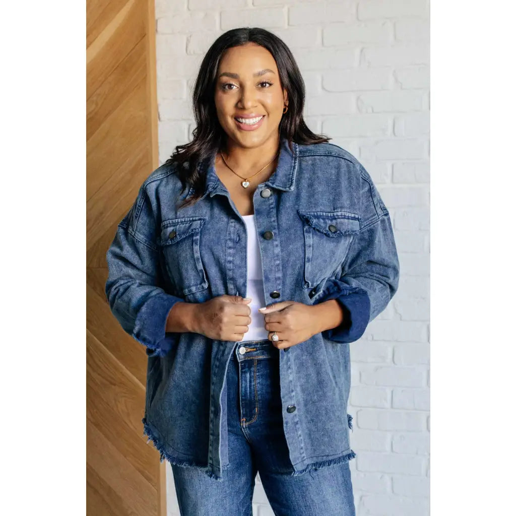 Our Just In Case Mineral Wash Shacket is made from mineral wash denim twill. This shacket features a raw hem and edge