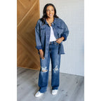 Our Just In Case Mineral Wash Shacket is made from mineral wash denim twill. This shacket features a raw hem and edge