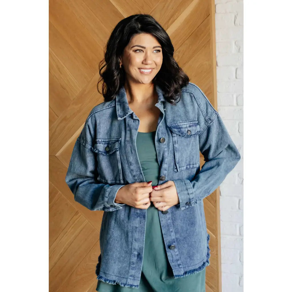 Our Just In Case Mineral Wash Shacket is made from mineral wash denim twill. This shacket features a raw hem and edge