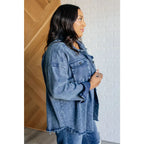 Our Just In Case Mineral Wash Shacket is made from mineral wash denim twill. This shacket features a raw hem and edge