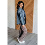 Our Just In Case Mineral Wash Shacket is made from mineral wash denim twill. This shacket features a raw hem and edge