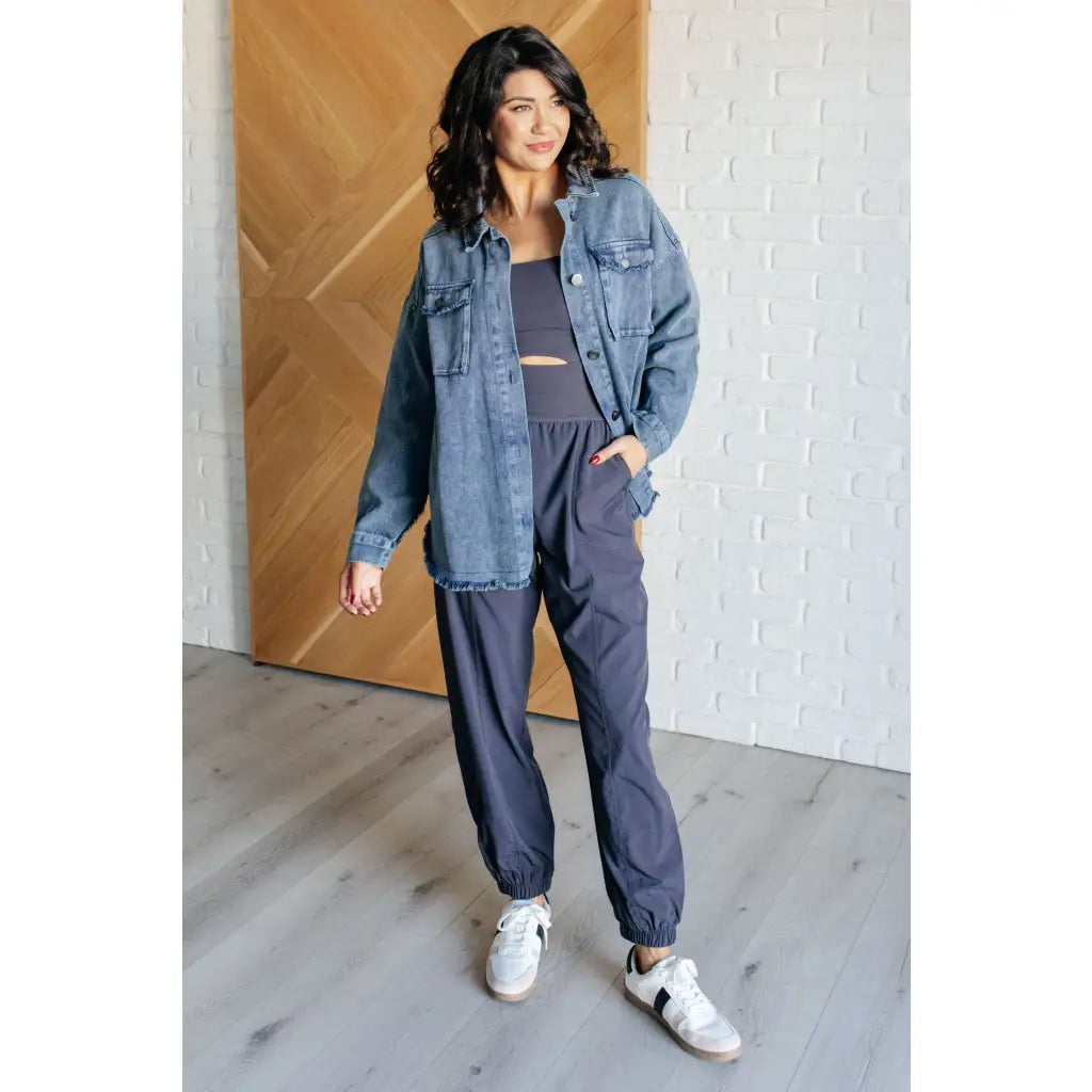 Our Just In Case Mineral Wash Shacket is made from mineral wash denim twill. This shacket features a raw hem and edge