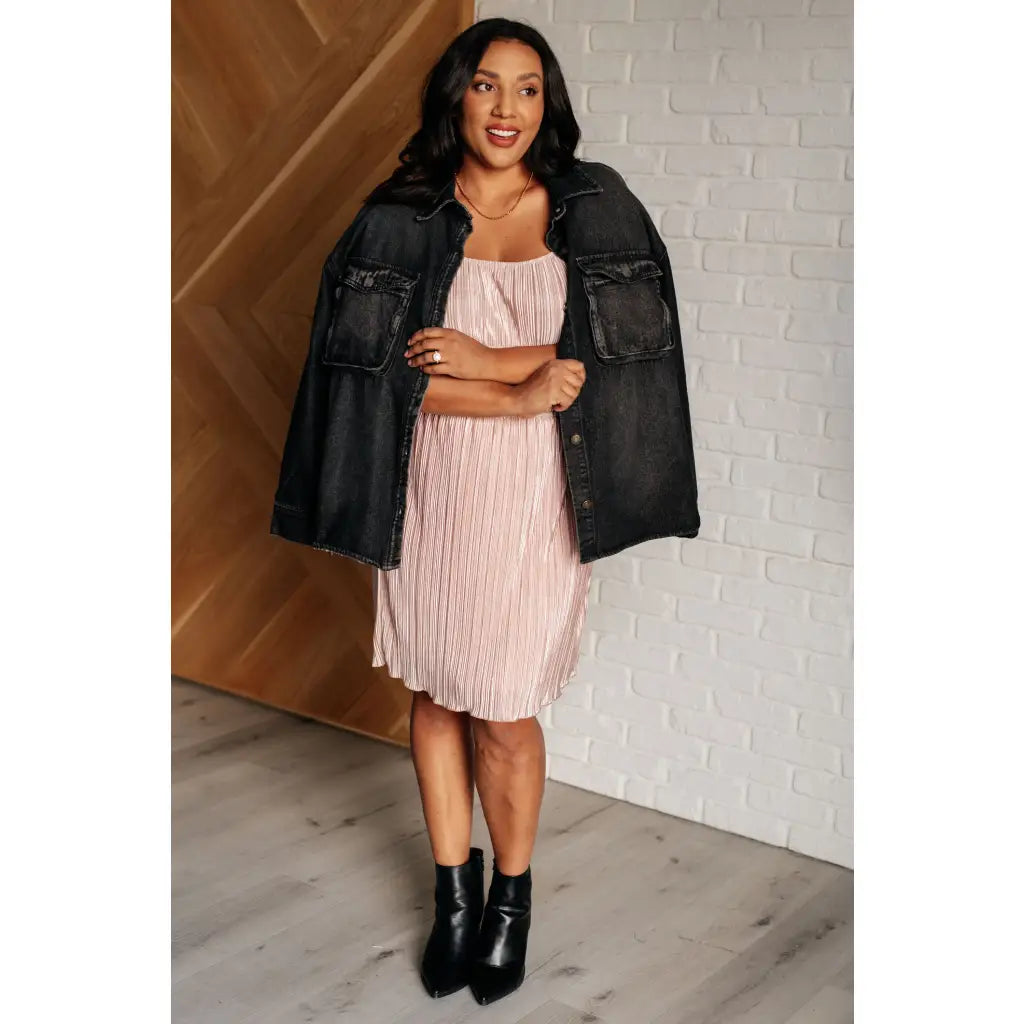 Shop this blush satin plisse mini dress with off shoulder option and flattering fit. Available in plus sizes