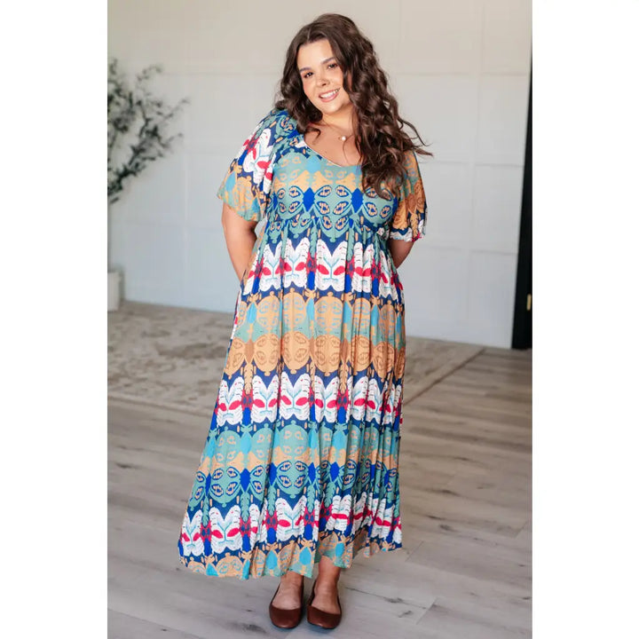 Kaleidoscope Print V-Neck Midi Dress - Dresses