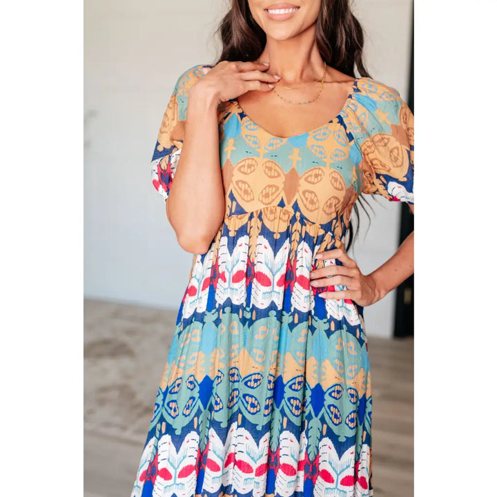 Kaleidoscope Print V-Neck Midi Dress - Dresses