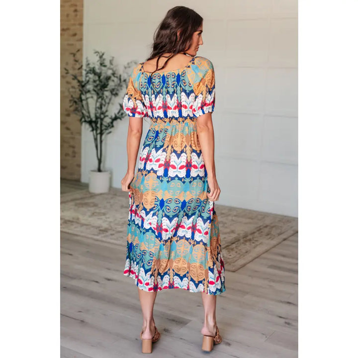 Kaleidoscope Print V-Neck Midi Dress - Dresses