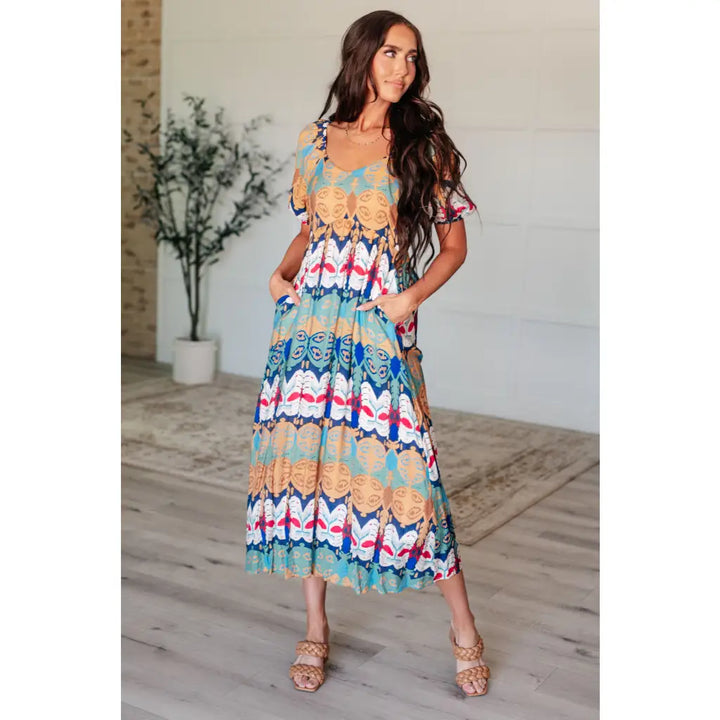 Kaleidoscope Print V-Neck Midi Dress - Dresses