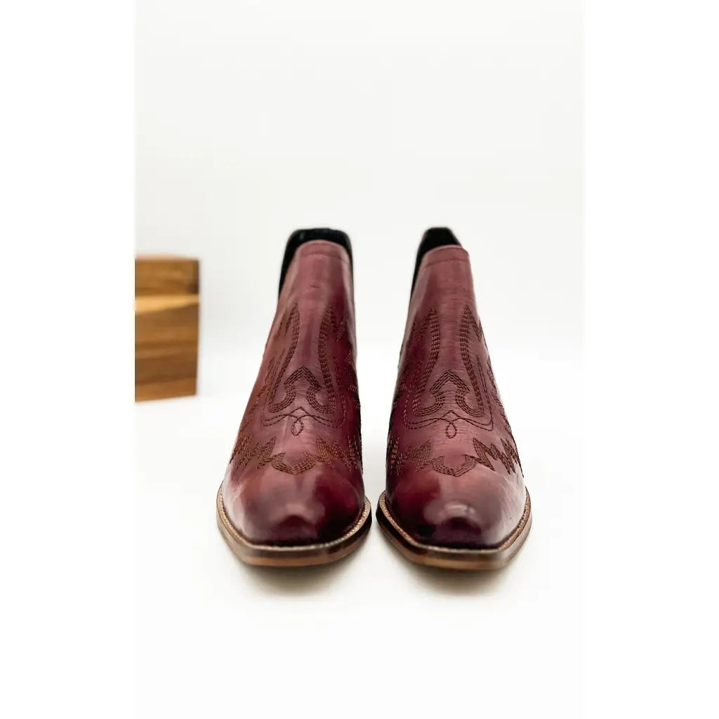 Our Kickin’ Booties in Burgundy are perfection! From the genuine leather construction with intricate western inspired