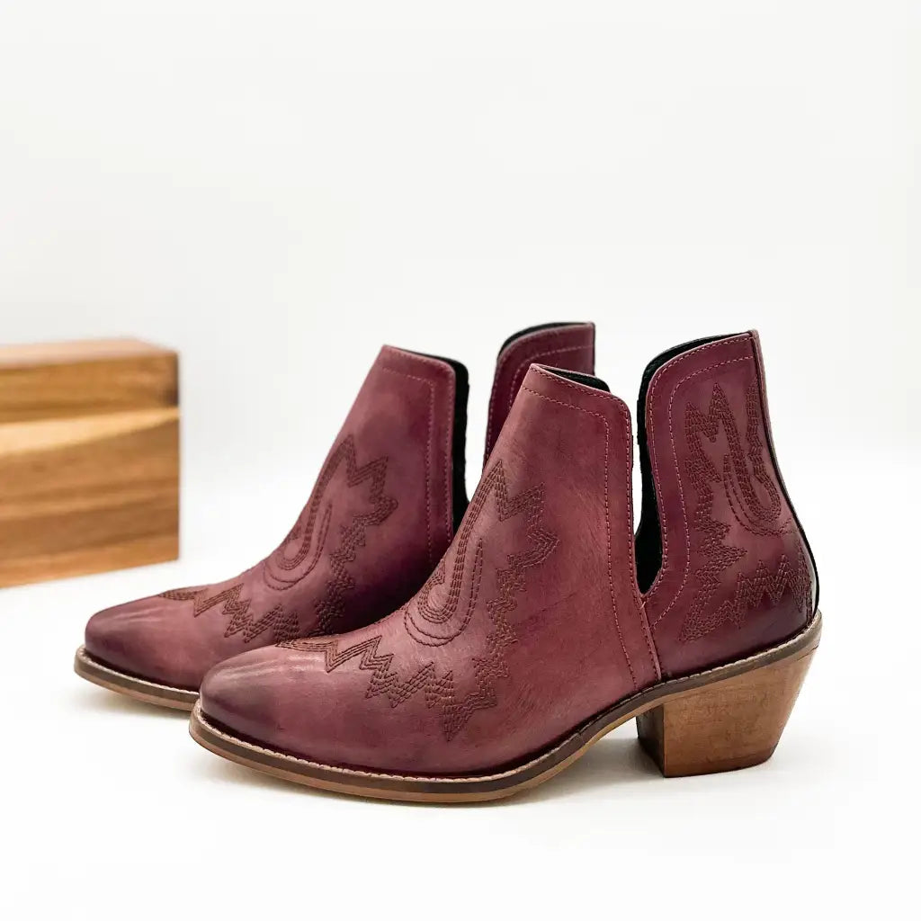 Our Kickin’ Booties in Burgundy are perfection! From the genuine leather construction with intricate western inspired