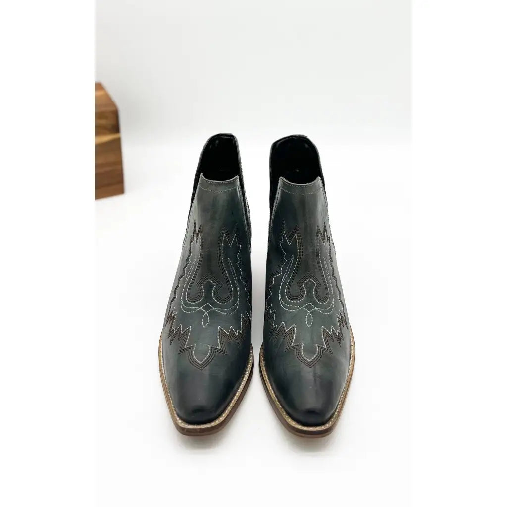 Our Kickin’ Booties in Dark Teal are perfection! From the genuine leather construction with intricate western inspired