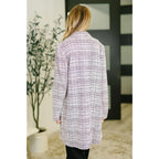 Lavender ivory tweed midi blazer with an oversized fit. A polished plus size friendly layer for elevated everyday looks.