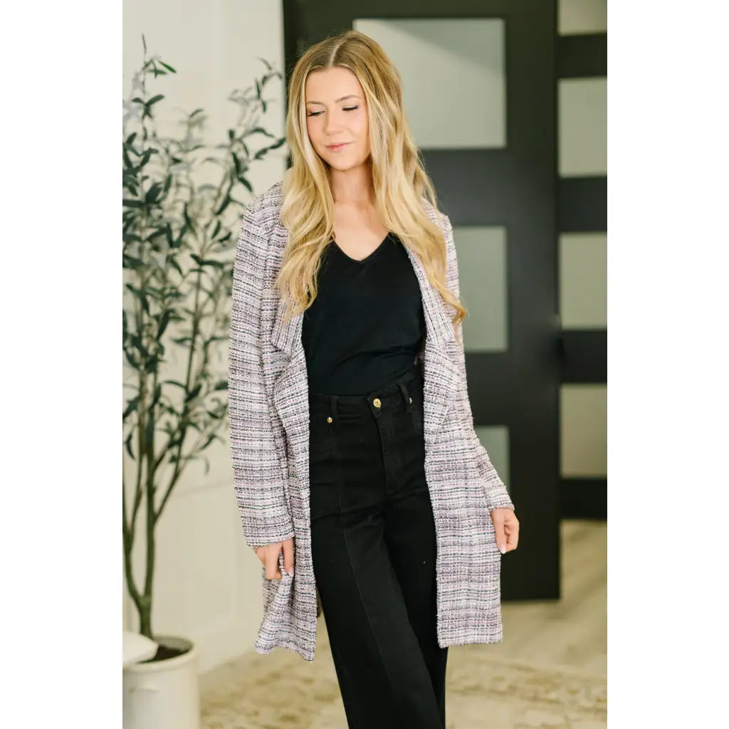 Lavender ivory tweed midi blazer with an oversized fit. A polished plus size friendly layer for elevated everyday looks.