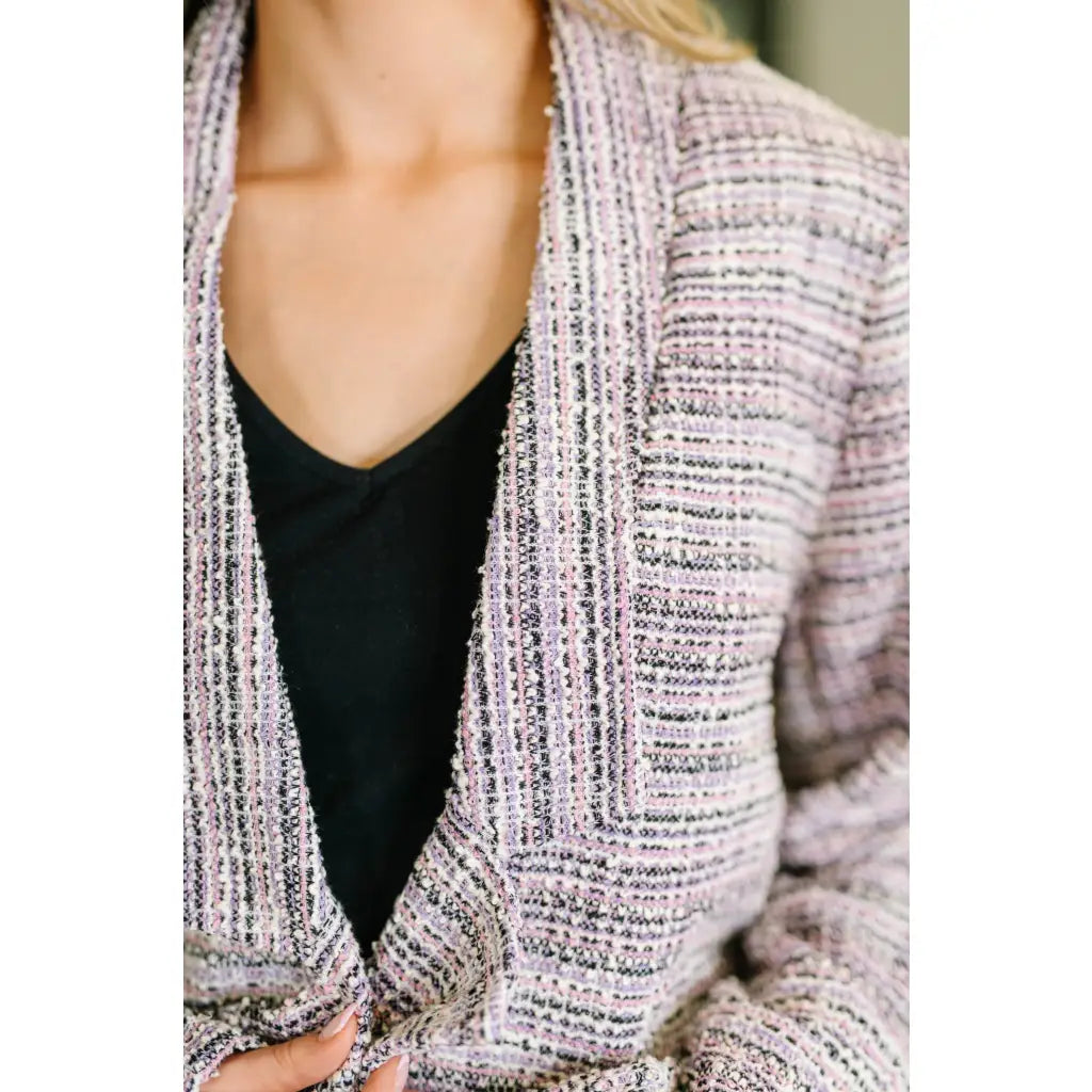 Lavender ivory tweed midi blazer with an oversized fit. A polished plus size friendly layer for elevated everyday looks.