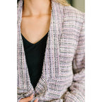 Lavender ivory tweed midi blazer with an oversized fit. A polished plus size friendly layer for elevated everyday looks.