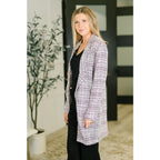 Lavender ivory tweed midi blazer with an oversized fit. A polished plus size friendly layer for elevated everyday looks.
