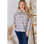 Our Lace in Detail Printed Blouse is a feminine and stylish top that combines the delicate lace accents beautiful lilac