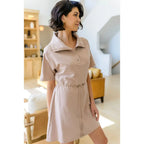 This French Terry collared mini dress brings comfort with sporty polish in a beautiful taupe. Flattering fit for all
