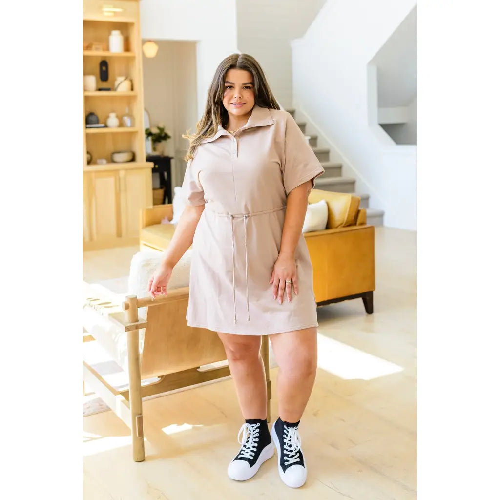 This French Terry collared mini dress brings comfort with sporty polish in a beautiful taupe. Flattering fit for all