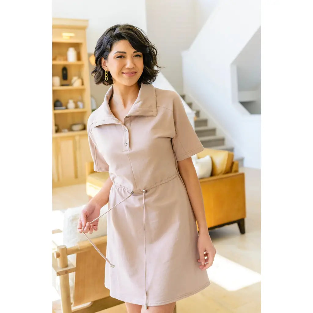 This French Terry collared mini dress brings comfort with sporty polish in a beautiful taupe. Flattering fit for all