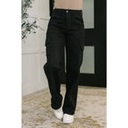 High waist black cargo jeans with wide leg plus sizes available. Non-distressed Judy Blue denim for street-chic style
