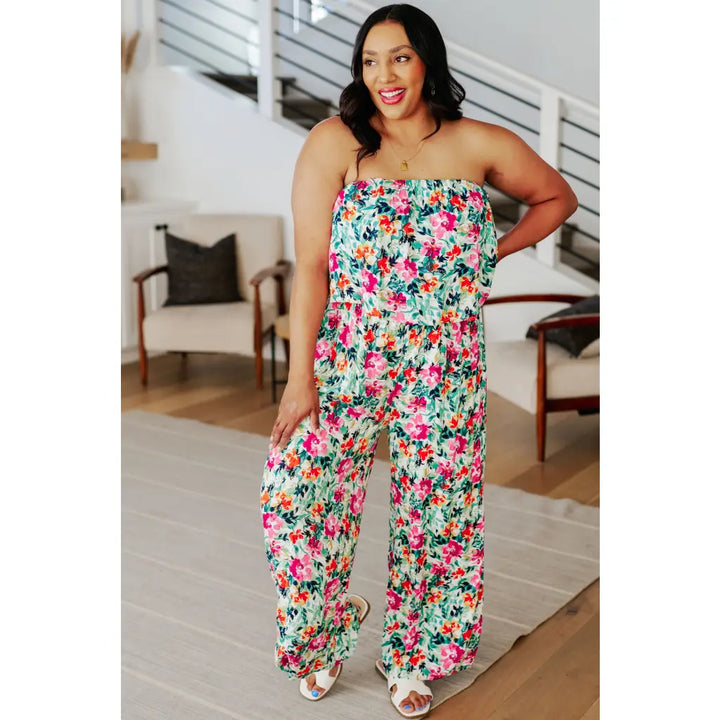 Life of the Party Floral Strapless Jumpsuit in Green