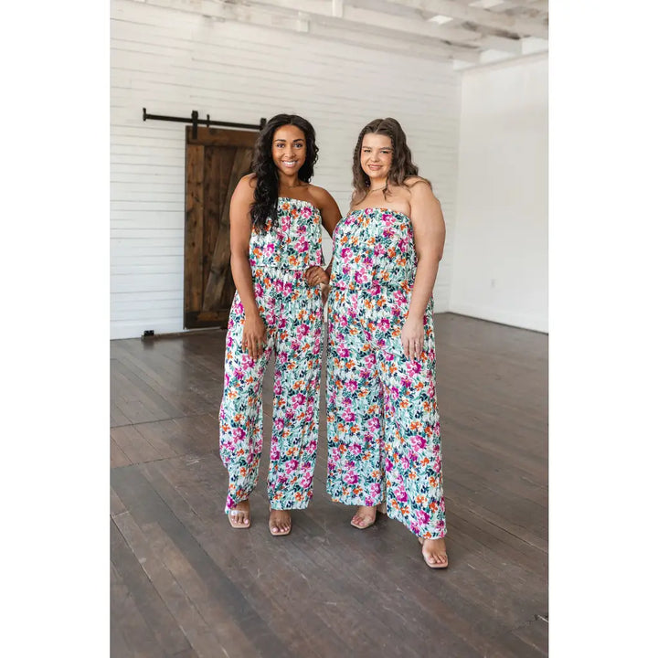 Life of the Party Floral Strapless Jumpsuit in Green