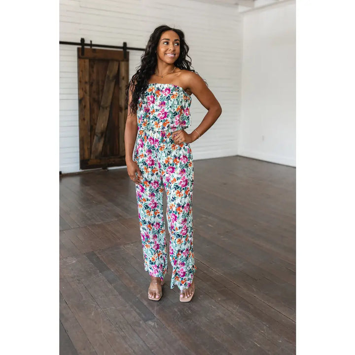 Life of the Party Floral Strapless Jumpsuit in Green