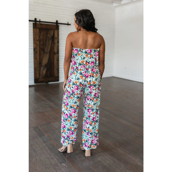 Life of the Party Floral Strapless Jumpsuit in Green