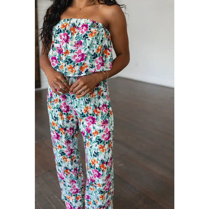 Life of the Party Floral Strapless Jumpsuit in Green