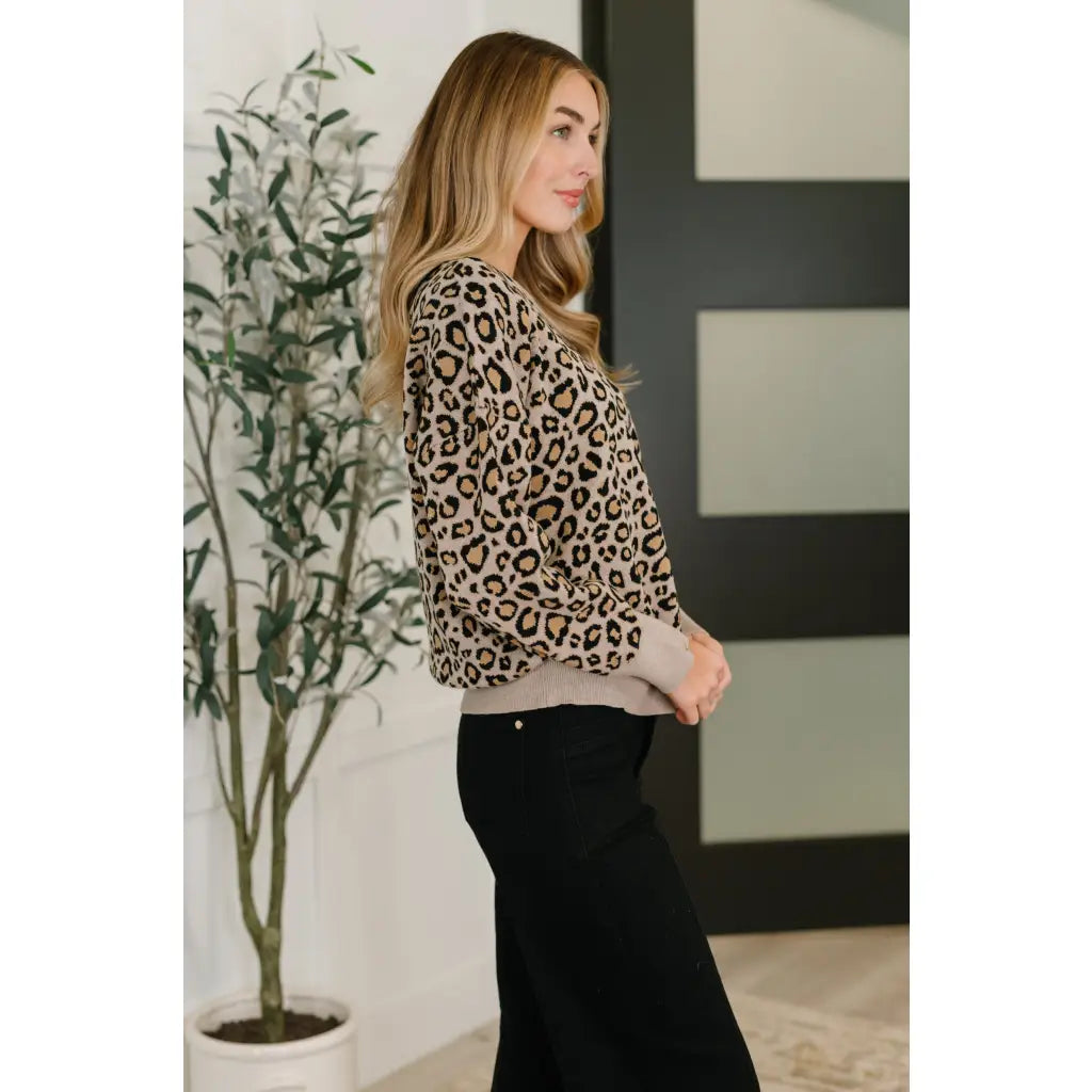 Cozy leopard print pullover in stretch knit. A bold soft sweater for plus size and standard fits. Perfect casual