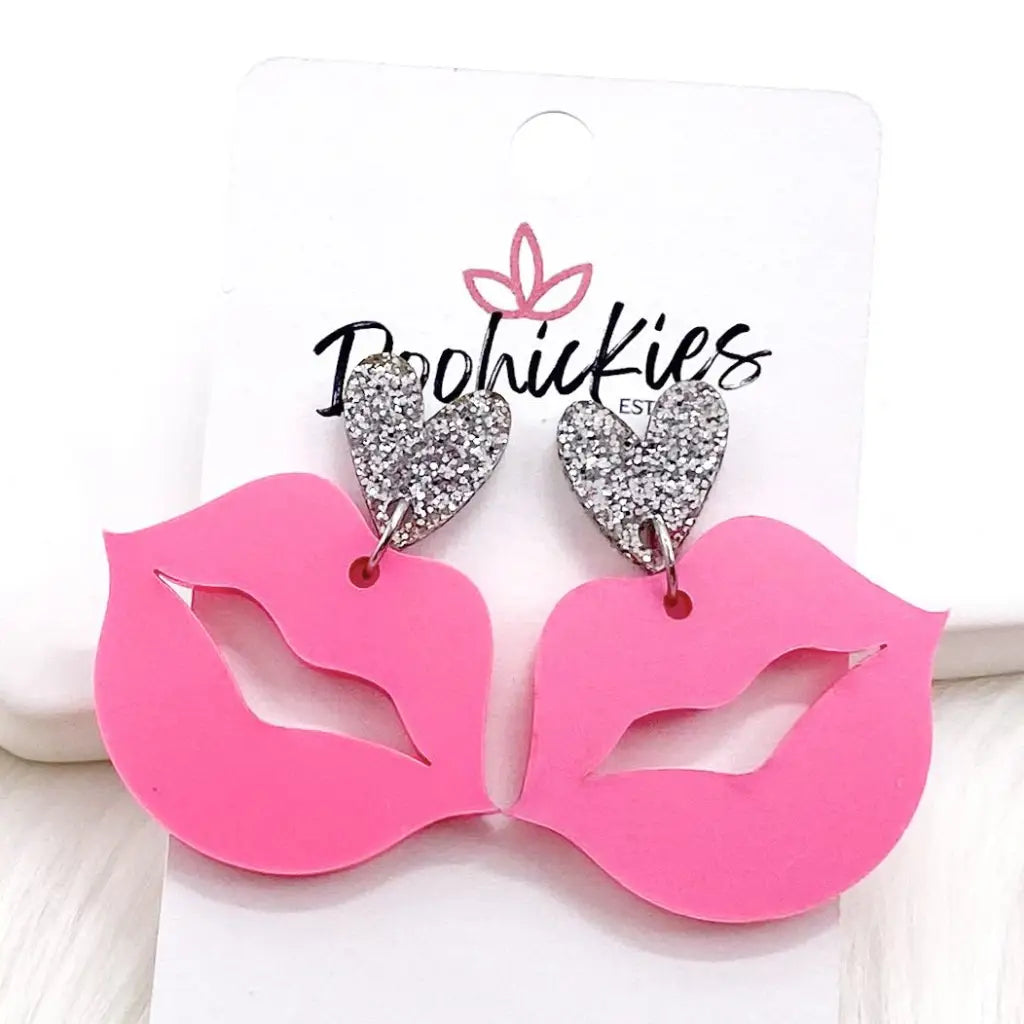 These lightweight adorable pink lip dangle earrings are just the cutest paired with sparkly and glittery silver acrylic