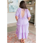 Lilac tiered midi dress with ruffle sleeves sweetheart neckline and open back. S to 3XL. Ships fast in 2–3 days.
