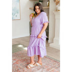 Lilac tiered midi dress with ruffle sleeves sweetheart neckline and open back. S to 3XL. Ships fast in 2–3 days.