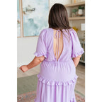 Lilac tiered midi dress with ruffle sleeves sweetheart neckline and open back. S to 3XL. Ships fast in 2–3 days.