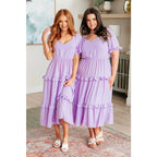 Lilac tiered midi dress with ruffle sleeves sweetheart neckline and open back. S to 3XL. Ships fast in 2–3 days.