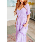 Lilac tiered midi dress with ruffle sleeves sweetheart neckline and open back. S to 3XL. Ships fast in 2–3 days.
