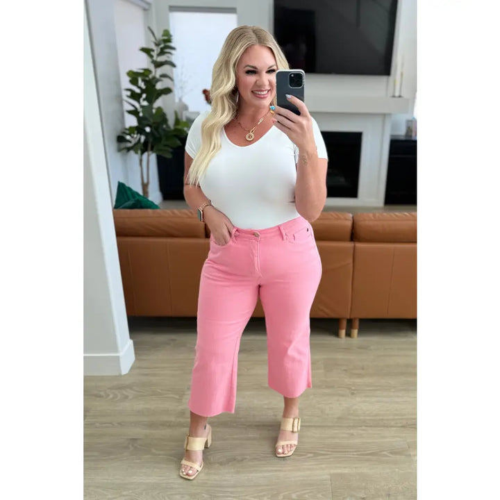 Lisa Control Top Wide Leg Crop Jeans in Pink - Denim