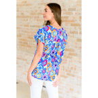 Our Lizzy Cap Sleeve Top in Blue and Magenta Ikat is crafted from light-weight cooling stretchy wrinkle-resistant