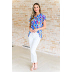 Our Lizzy Cap Sleeve Top in Blue and Magenta Ikat is crafted from light-weight cooling stretchy wrinkle-resistant