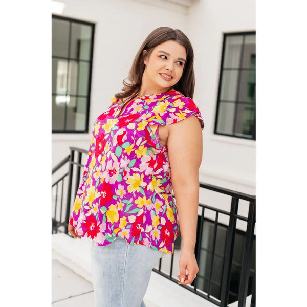 Lizzy Flutter Sleeve Top in Magenta and Yellow Floral - Tops
