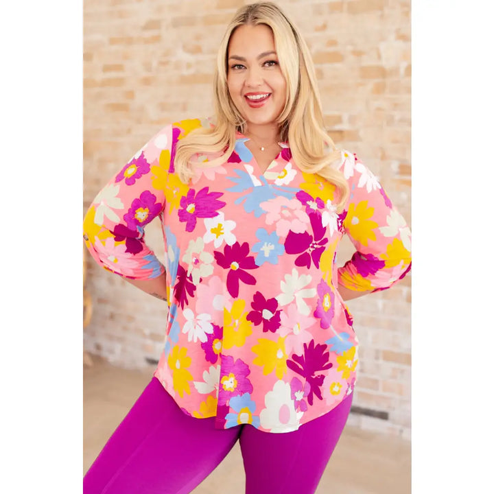 Lizzy Top in Coral and Magenta Painted Floral - Tops