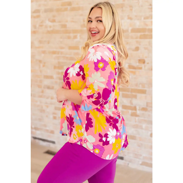 Lizzy Top in Coral and Magenta Painted Floral - Tops