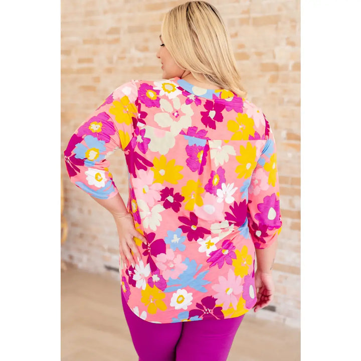 Lizzy Top in Coral and Magenta Painted Floral - Tops