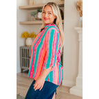 Transform your closet with our Lizzy Top in Ombre Mint Stripe. Made from wrinkle-free and stretchy Bulgari fabric