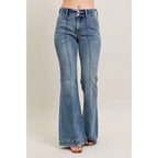 Long Legs and Lattes Flare Judy Blue jeans with high waist stretch fit seam detail. Plus size flattering boutique denim
